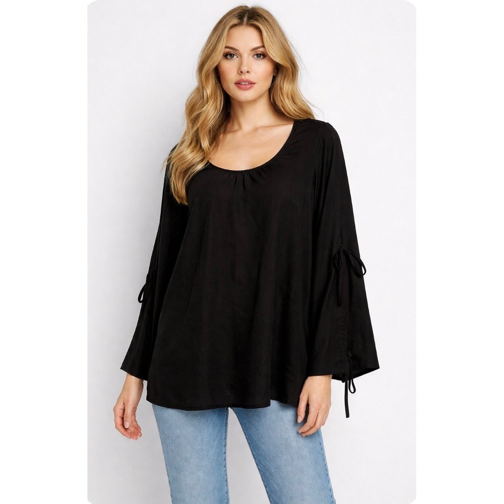 Boho romantic Black Split Tie Long Sleeve Scoopneck Tunic Blouse Top Relaxed Fit